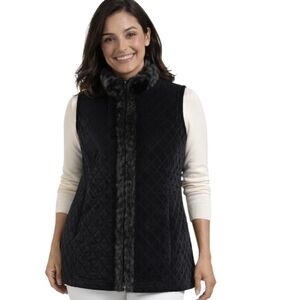 Chico’s Black Quilted Velvet Rabbit Fur Trim Vest Size Size 8/10 (Chico's 1)